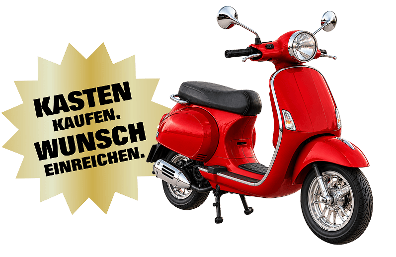 Ein Motorroller. Daneben: 'Kasten kaufen. Wunsch einreichen.'