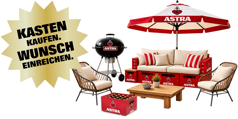 Ein Sonnenschirm, Grill, Astra Kasten mit Bierflaschen und Couch-Set. Daneben: 'Kasten kaufen. Wunsch einreichen.'
