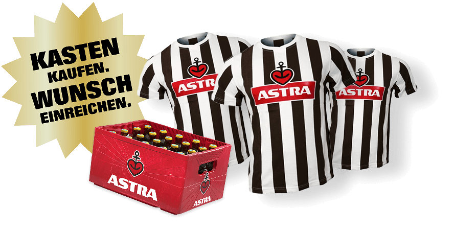 Sporttrikots und ein Kasten mit Astra-Bierflaschen. Daneben: 'Kasten kaufen. Wunsch einreichen.'